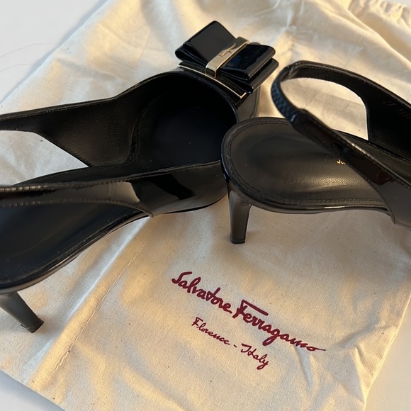 Salvatore Ferragamo Slingback Sandal Black Patent Heels with Gold buckle Size 38 - Picture 6 of 15